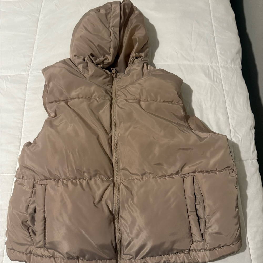 Tan Puffer Vest with Hood